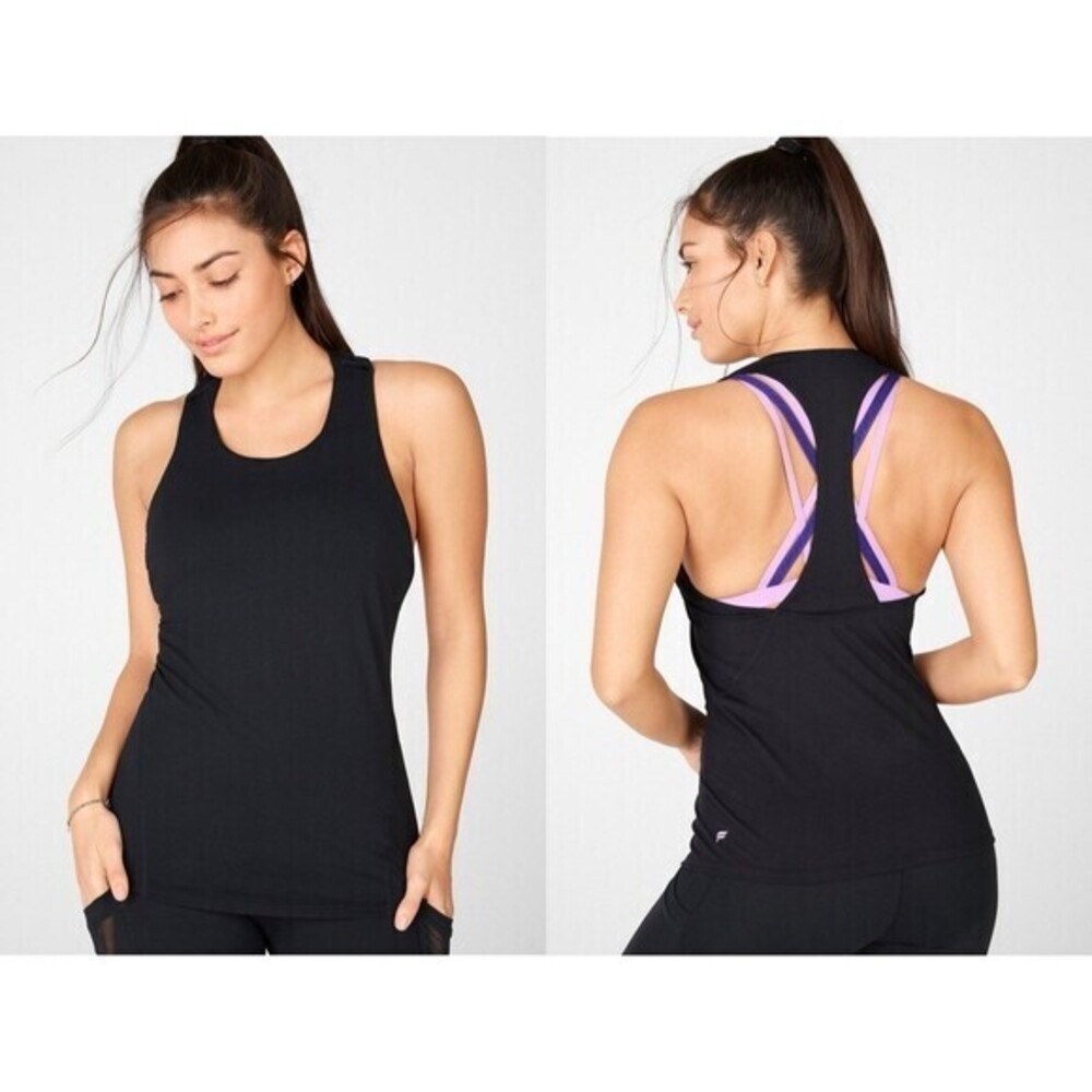 Fabletics Strappy Back Shelf Bra Tank Top Women XS Black Purple Yoga Workout Gym
